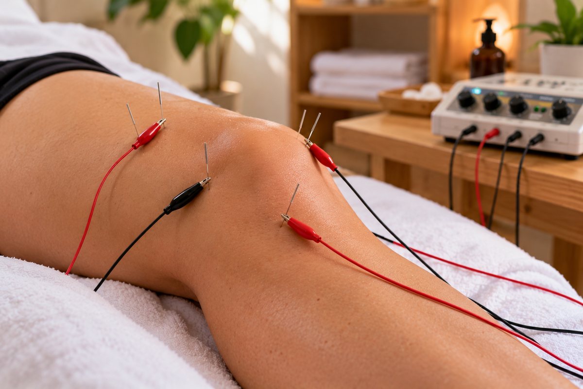 Electroacupuncture clips on needles at the knee