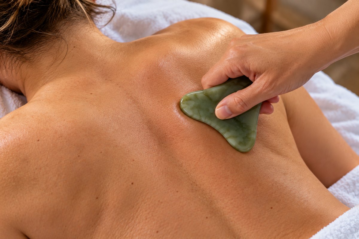 Gua sha tool being drawn along a patient's upper back